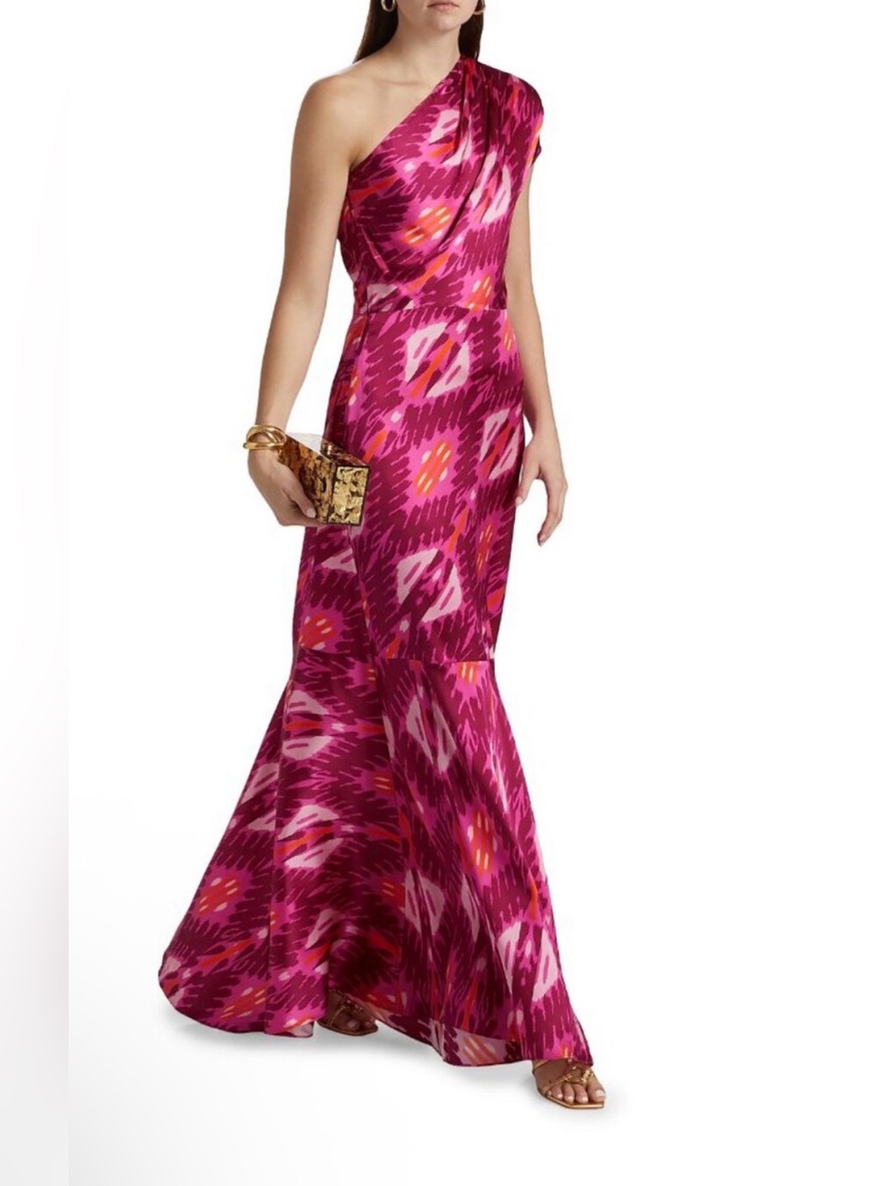 Figue Ezer Dress. Pink Fuchsia Ikat One-Shoulder Gown. 100% Silk. New With Tags